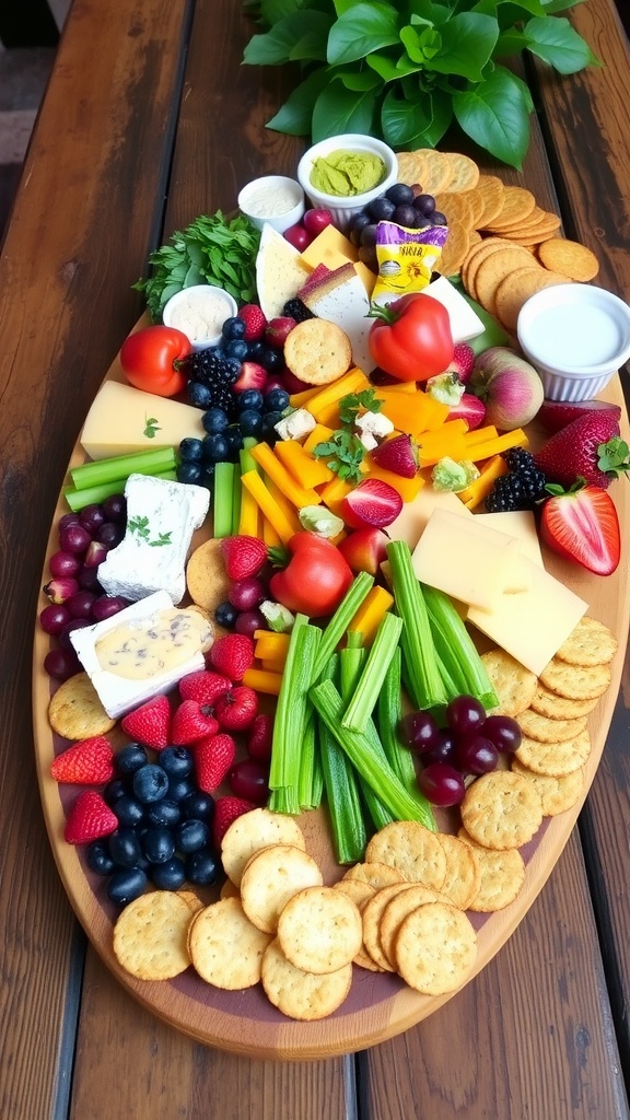 An inviting snack display with cheeses, fruits, vegetables, crackers, and dips on a wooden table.